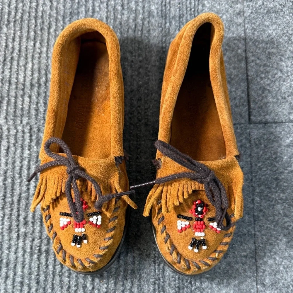 Minnetonka Kids Thunderbird Brown Suede Moccasins Beaded Fringe Shoes Size 2